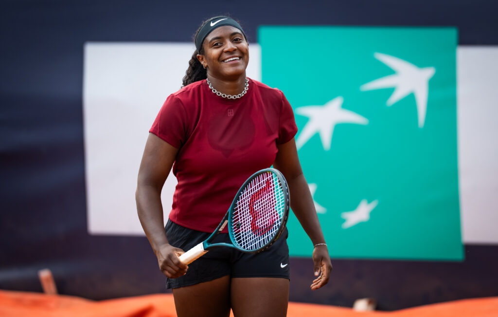 Hailey Baptiste of the United States in action against Storm Hunter of Australia in the first qualifications round ahead of the Internazionali BNL D'Italia at Foro Italico.
