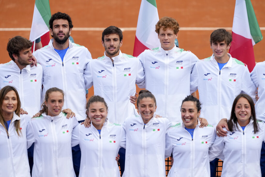 talian tennis players and staff members celebrate the victory of the 2024 Davis cup and Billie Jean King cup during the Internazionali BNL d'Italia 2025 tennis tournament at Foro Italico.