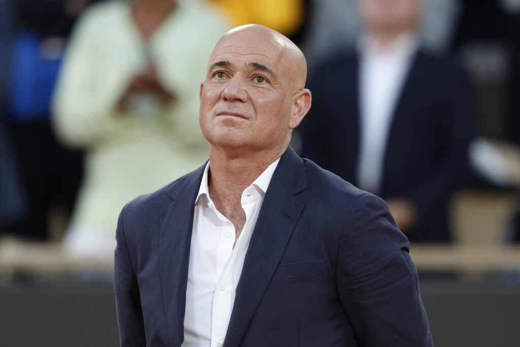 Andre Agassi during the trophy ceremony of the men's final on day 15 of the 2025 French Open.