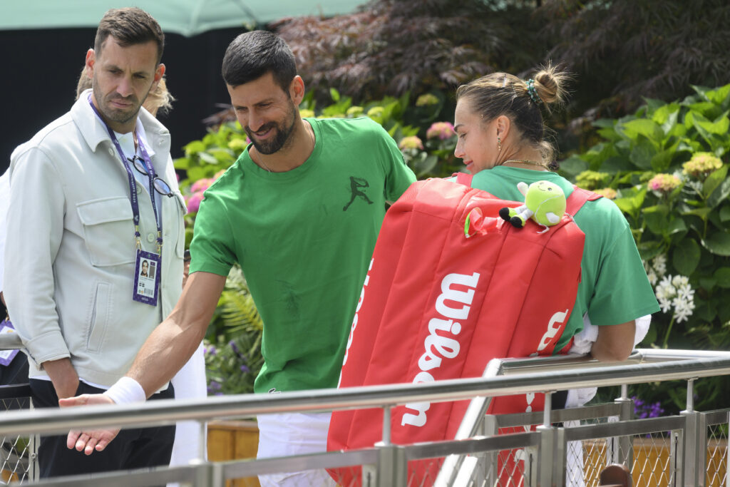 Novak Djokovic and Aryna Sabalenka talk at the Wimbledon practice courts