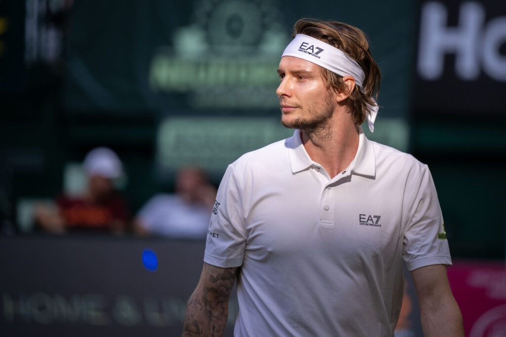 Alexander Bublik of Kazakhstan looks on in his half final match against Karen Khachanov of Russia during day eight of the Terra Wortmann Open 2025 at OWL-Arena.