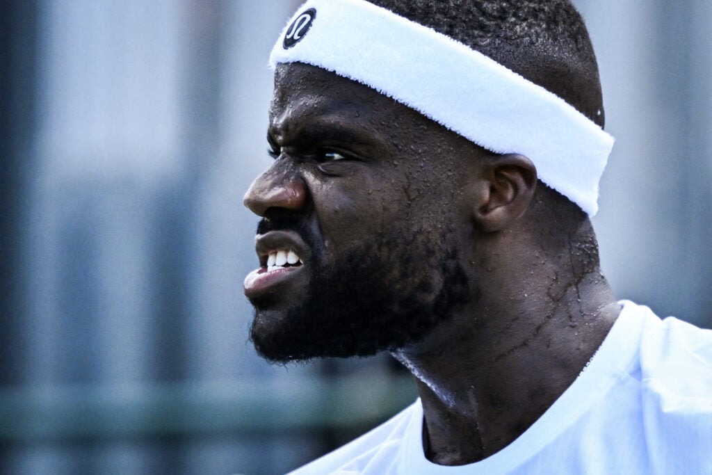 Frances Tiafoe celebrates during his win over Elmer Moller at Wimbledon in 2025