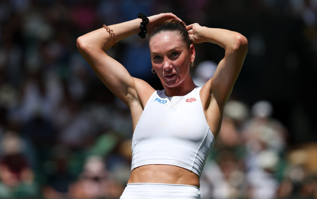 Carson Branstine looks on during her defeat to Aryna Sabalenka at Wimbledon in 2025