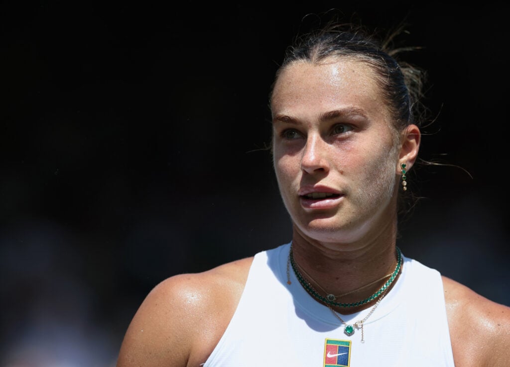 Aryna Sabalenka during her Ladies' Singles First Round match against Carson Branstine during day one of The Championships Wimbledon 2025 at All England Lawn Tennis and Croquet Club.