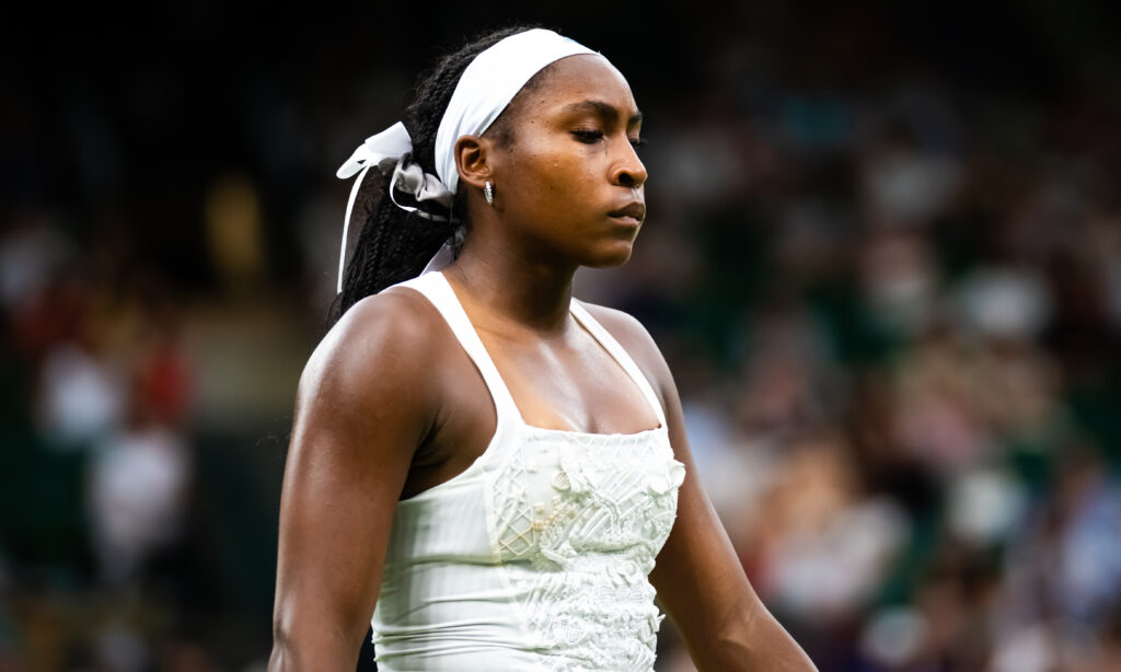 Coco Gauff of the United States reacts while playing against Dayana Yastremska of Ukraine in the first round on Day Two of The Championships Wimbledon 2025 at All England Lawn Tennis and Croquet Club.