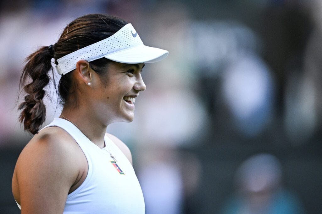 Emma Raducanu celebrates her win over Marketa Vondrousova at Wimbledon