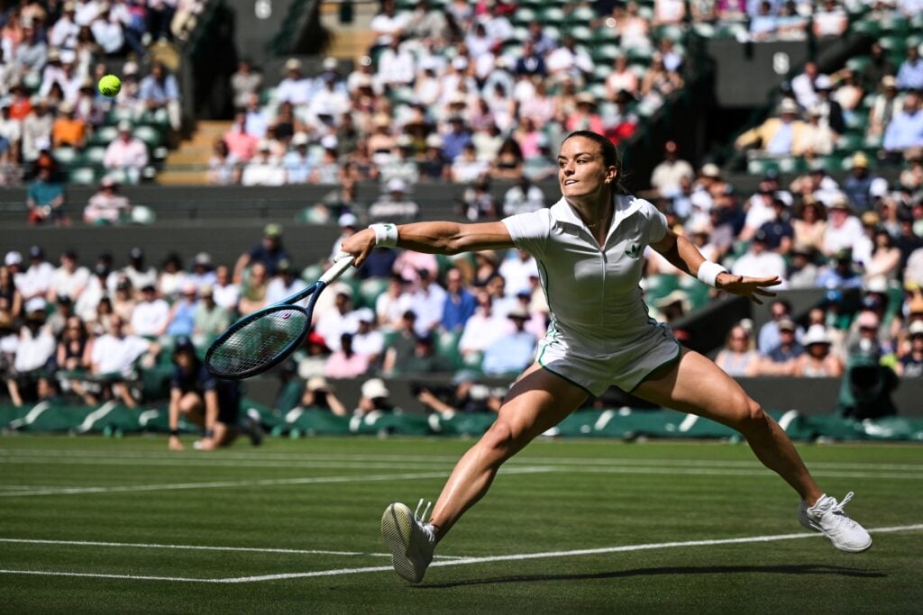 Maria Sakkari aims to return a shot at the 2025 Wimbledon Championships