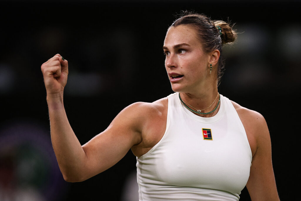 Aryna Sabalenka celebrates during her win over Emma Raducanu at Wimbledon in 2025