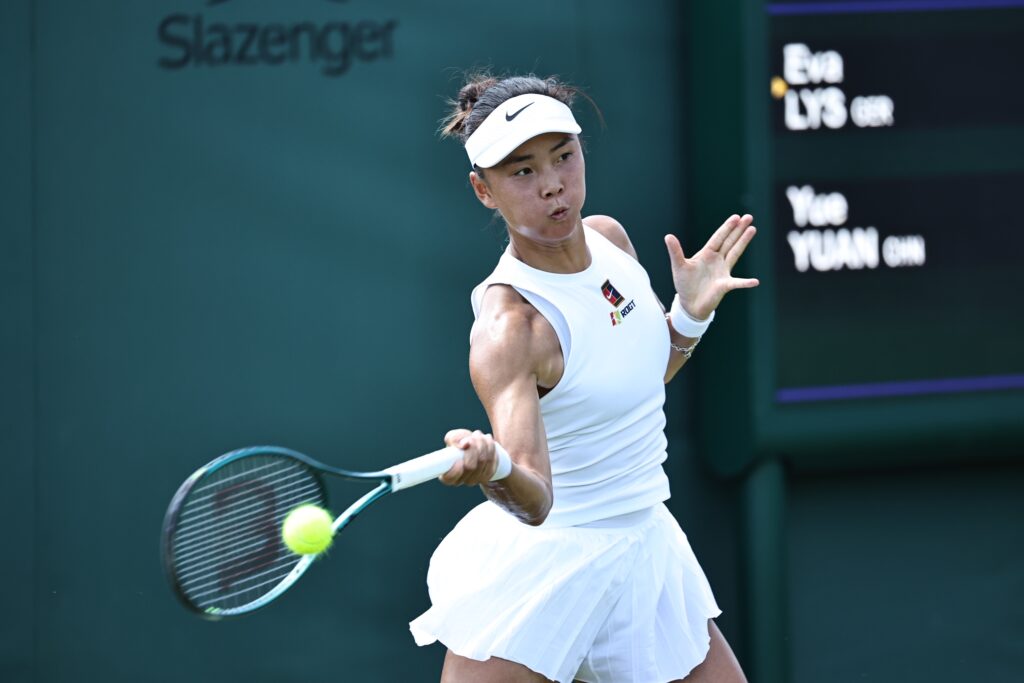 Yue Yuan in action at Wimbledon in 2025