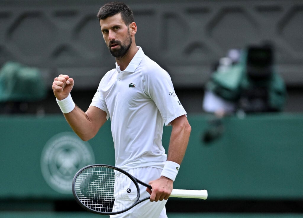 Novak Djokovic reacts during his match with Miomir Kecmanovic at Wimbledon.