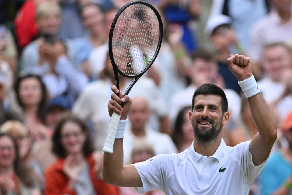 Novak Djokovic celebrates his victory against Miomir Kecmanovic at Wimbledon
