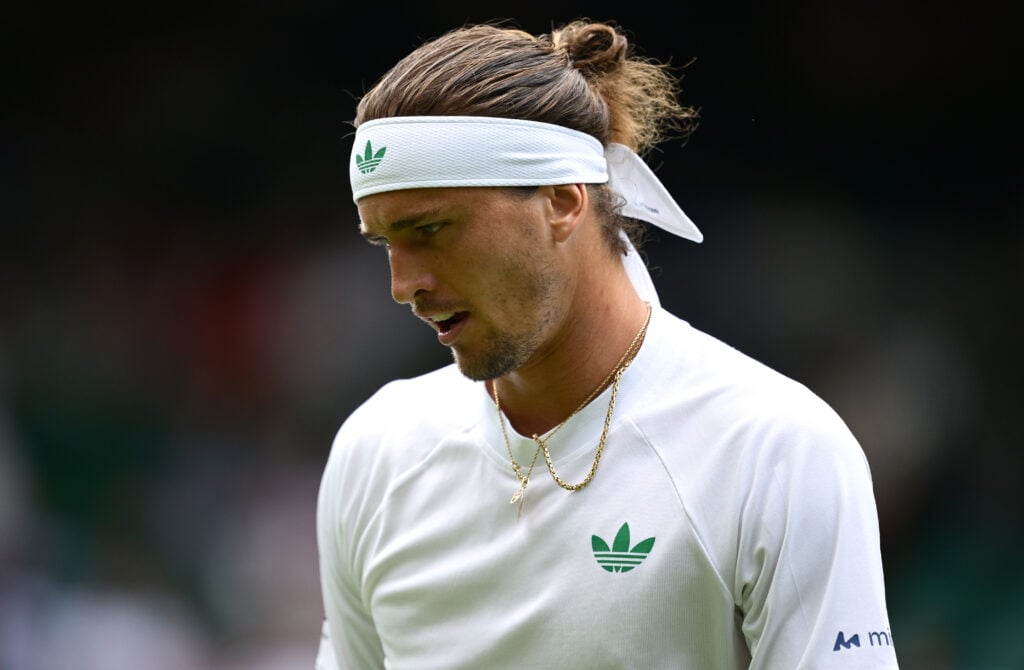 Alexander Zverev reacts during his defeat to Arthur Rinderknech at Wimbledon in 2025