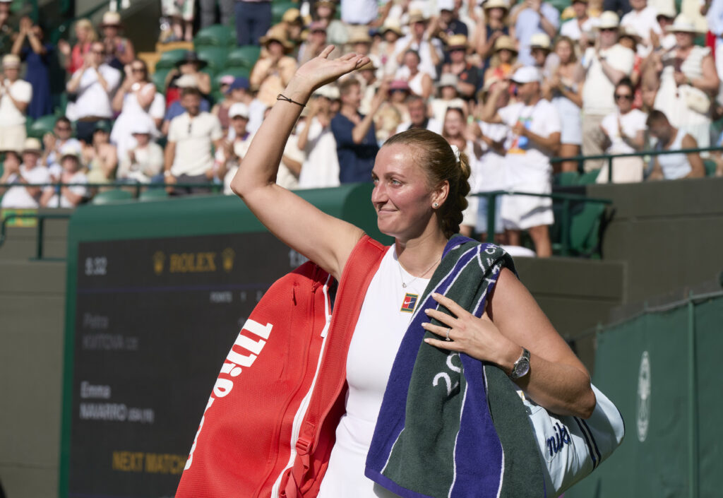 Petra Kvitova waves goodbye after losing her final match at Wimbledon in 2025