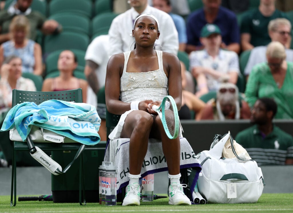 Coco Gauff of United States looks dejected during the change over against Dayana Yastremska of Ukraine during the Ladies' Singles first round match on day two of The Championships Wimbledon 2025 at All England Lawn Tennis and Croquet Club.