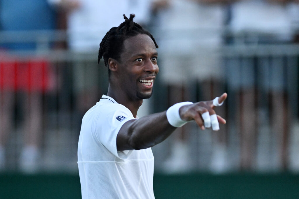 Gael Mofils celebrates after his victory over Ugo Humbert at Wimbledon.