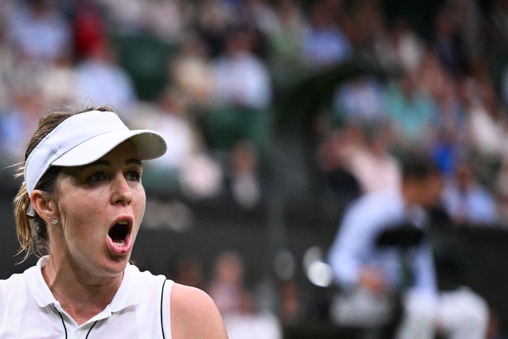Anastasia Pavlyuchenkova celebrates after winning a point against Sonay Kartal at Wimbledon.