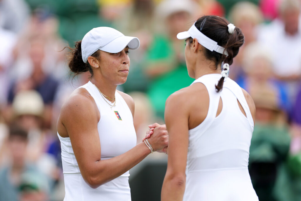 Madison Keys and Olga Danilovic shake hands at the net after their match at Wimbledon in 2025.