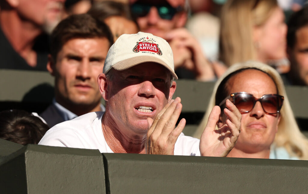 Emma Raducanu's Coach, Mark Petchey applauds as Emma Raducanu of Great Britain plays against Marketa Vondrousova of Czechia during the Ladies' Singles second round match on day three of The Championships Wimbledon 2025 at All England Lawn Tennis and Croquet Club.