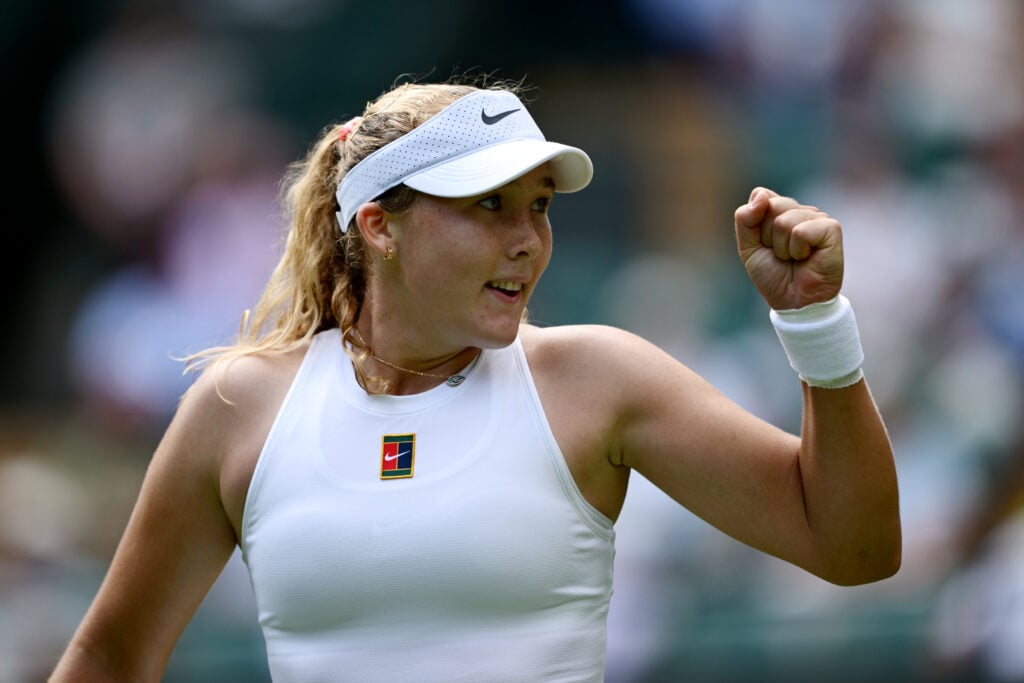 Mirra Andreeva celebrates against Lucia Bronzetti after their second-round match at Wimbledon in 2025