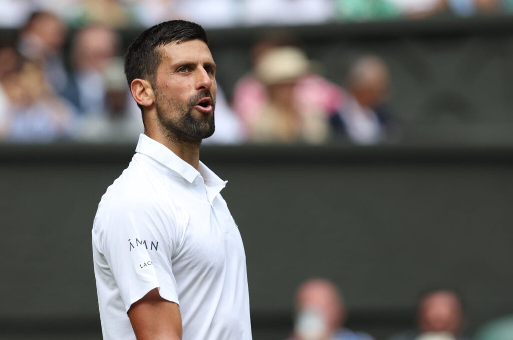 Novak Djokovic reacts during his fourth-round win at Wimbledon in 2025