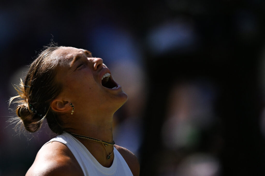 Aryna Sabalenka reacts during her win over Laura Siegemund at Wimbledon
