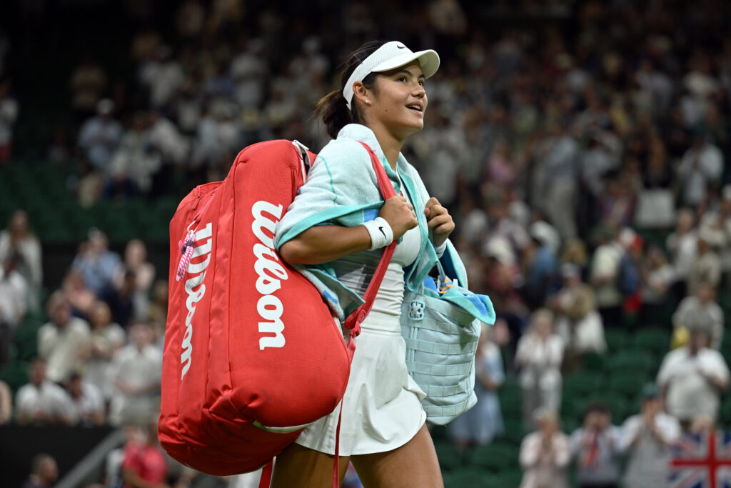 Emma Raducanu of Great Britain leaves the court following her defeat against Aryna Sabalenka in the Ladies' Singles third round match on day five of The Championships Wimbledon 2025 at All England Lawn Tennis and Croquet Club,