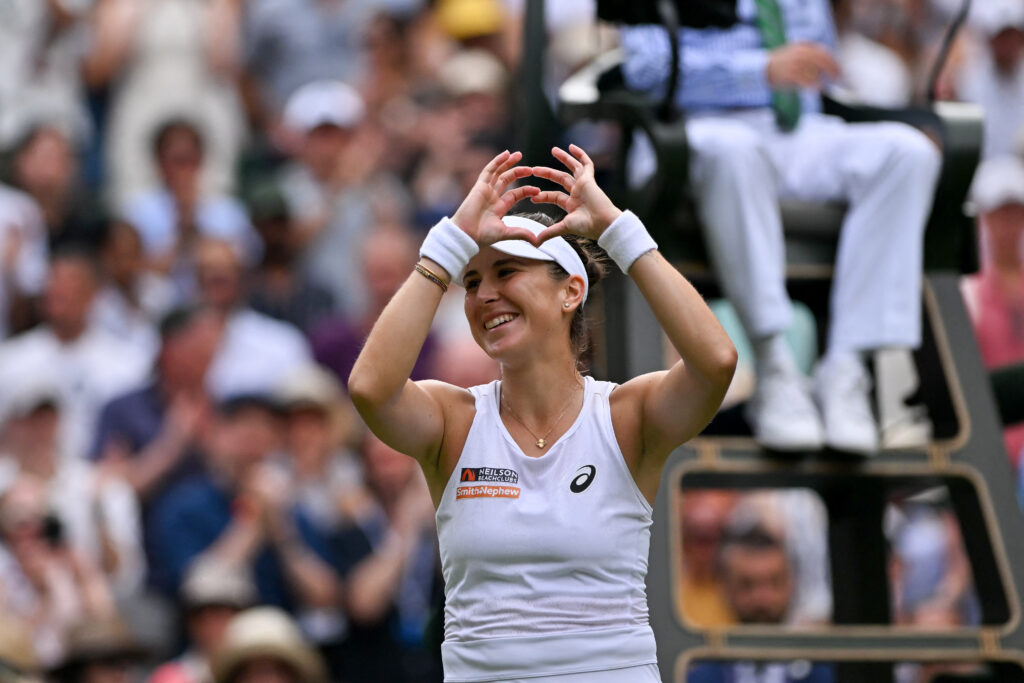 Belinda Bencic celebrates her win over Mirra Andreeva at Wimbledon in 2025