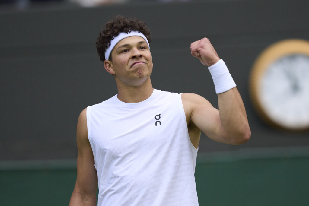Ben Shelton of the United States reacts against Marton Fucsovics of Hungary on Number One Court during the Gentlemen's third round match on day six of The Championships Wimbledon 2025 at All England Lawn Tennis and Croquet Club.