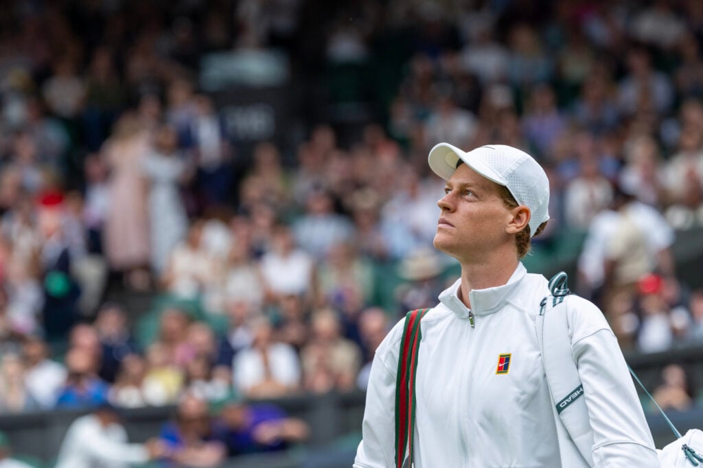 Jannik Sinner of Italy arrives on court for his match against Pedro Martinez of Spain in the third round of the Gentlemen's Singles Competition on Centre Court during the Wimbledon Lawn Tennis Championships at the All England Lawn Tennis and Croquet Club at Wimbledon.