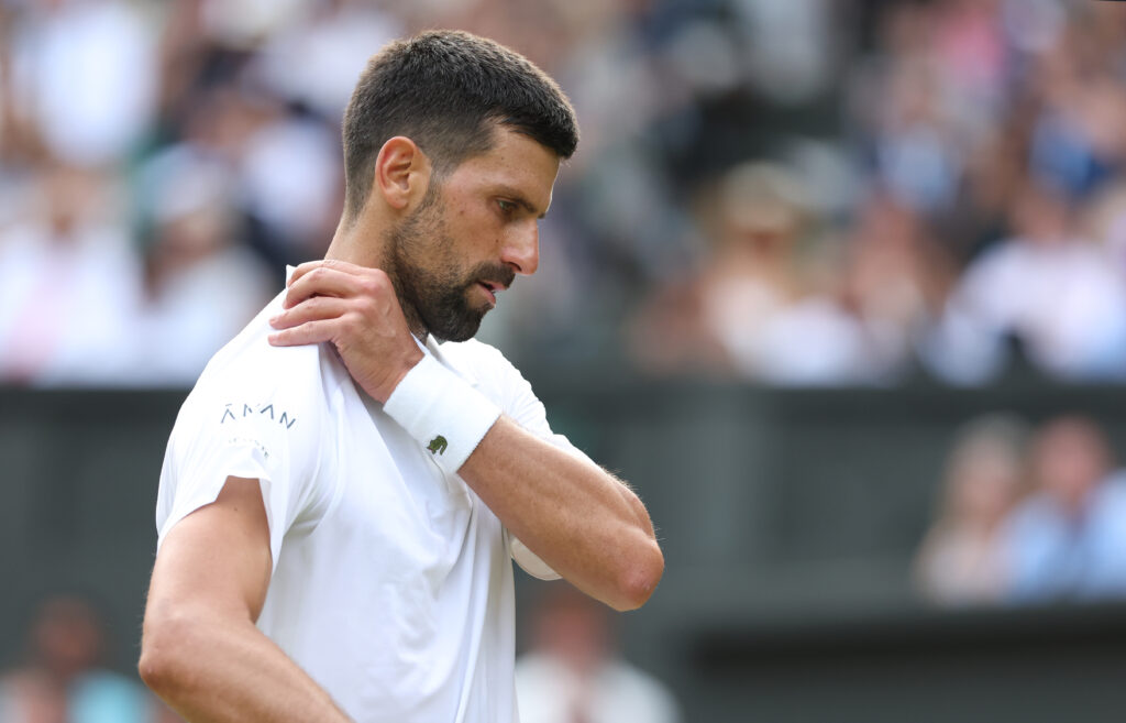 Novak Djokovic looks on during his quarterfinal win over Flavio Cobolli at Wimbledon in 2025