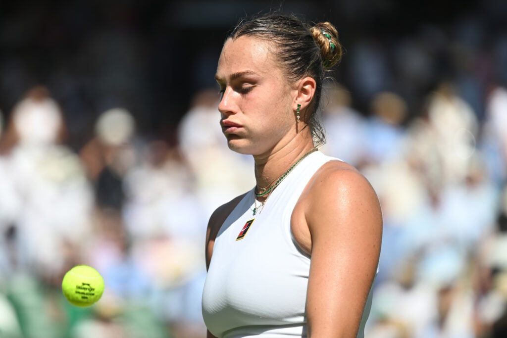 Aryna Sabalenka reacts during her defeat to Amanda Anisimova at Wimbledon.