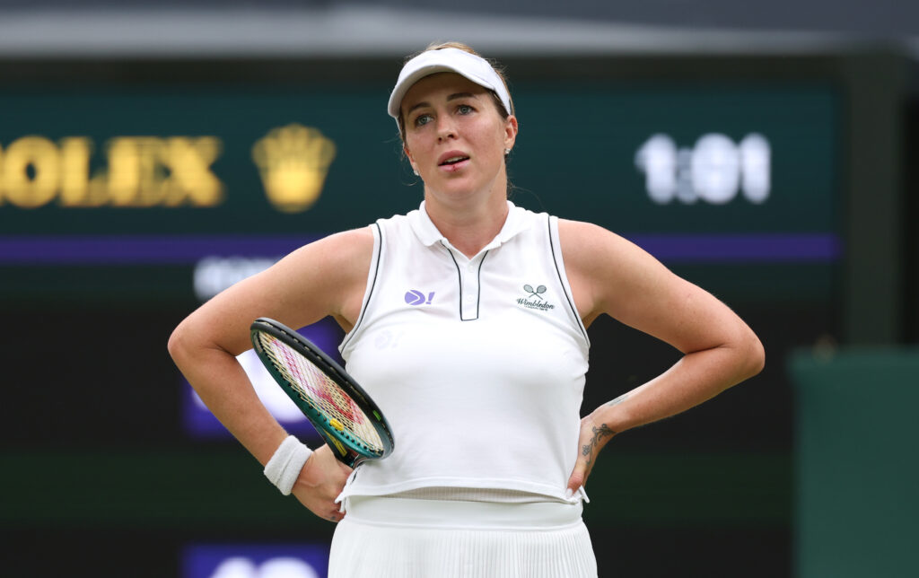 Anastasia Pavlyuchenkova reacts in her match against Sonay Kartal at Wimbledon in 2025.