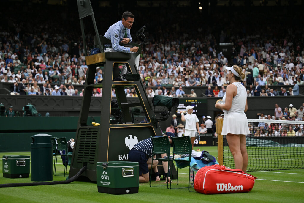 Anastasia Pavlyuchenkova speaks to the umpire during her win over Sonay Kartal at Wimbledon in 2025