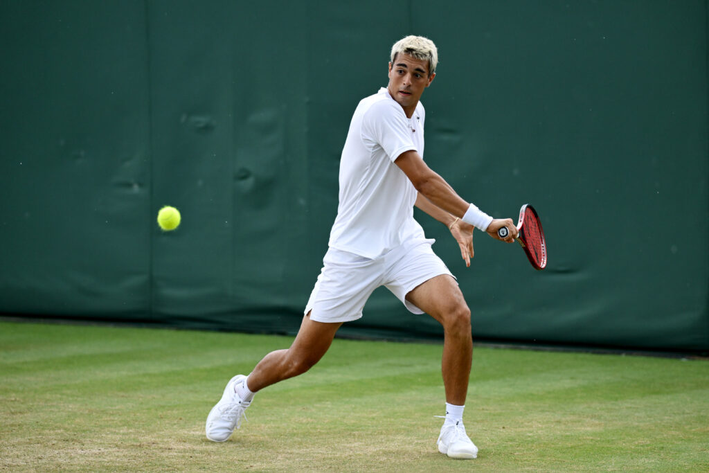 Pierluigi Basile in action at the 2025 Wimbledon juniors tournament