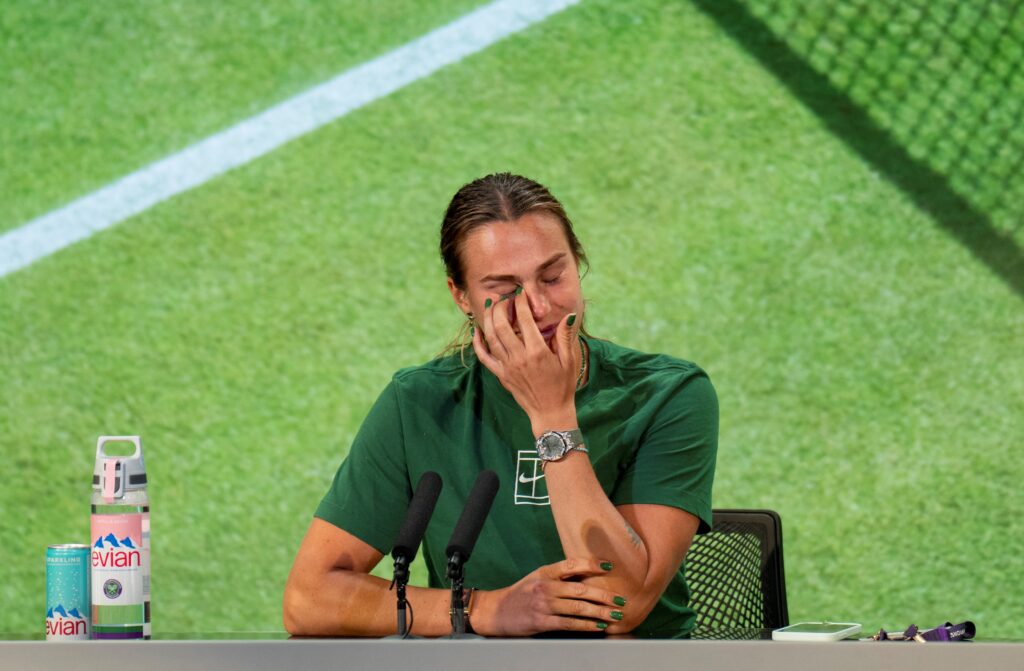 Aryna Sablenka at a press conference after losing in the semi-finals at Wimbledon in 2025.