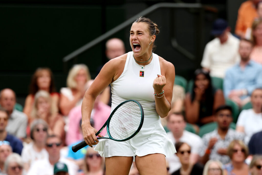 Aryna Sabalenka celebrates against Elise Mertens at Wimbledon in 2025