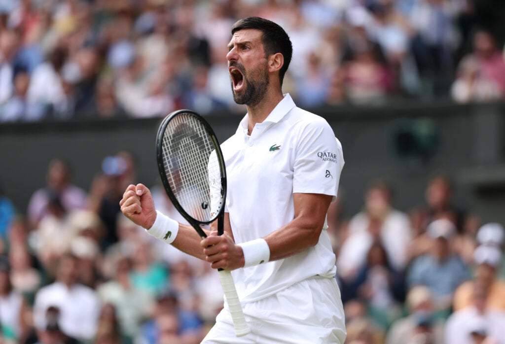 Novak Djokovic celebrates winning a point against Alex de Minaur at Wimbledon in 2025