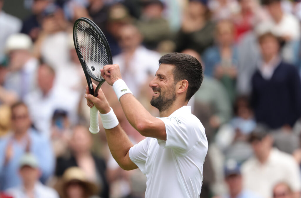 Novak Djokovic celebrates at Wimbledon.