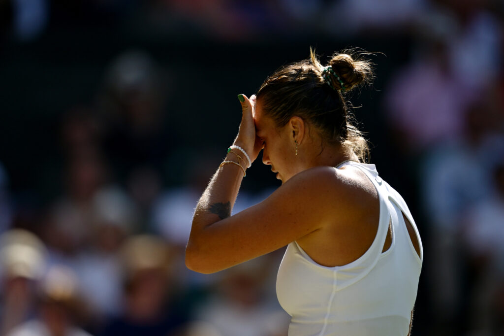 Aryna Sabalenka reacts during her win over Laura Siegemund at Wimbledon in 2025