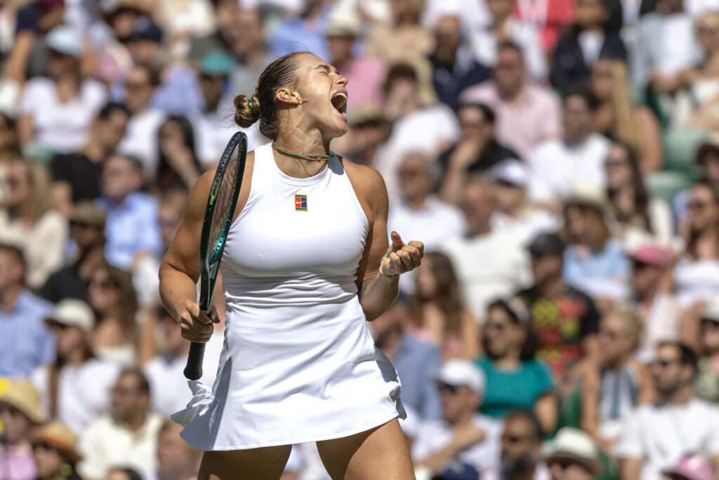 Aryna Sabalenka celebrates during her win over Laura Siegemund at Wimbledon