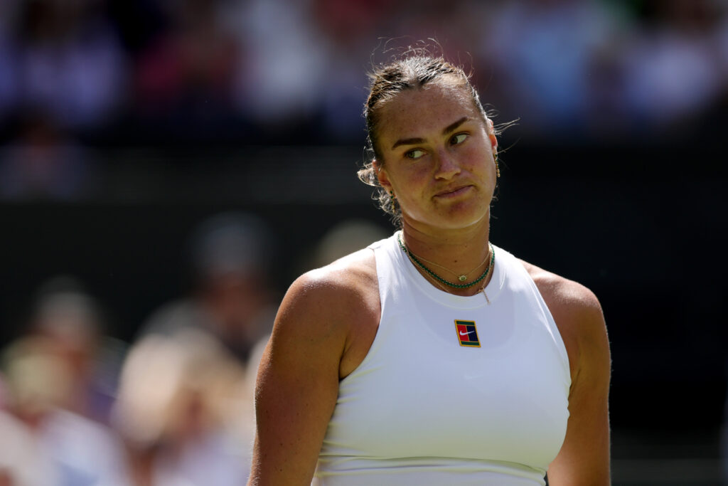 Aryna Sabalenka reacts against Amanda Anisimova of United States during the Ladies' Singles semi-final on day eleven of The Championships Wimbledon 2025 at All England Lawn Tennis and Croquet Club.