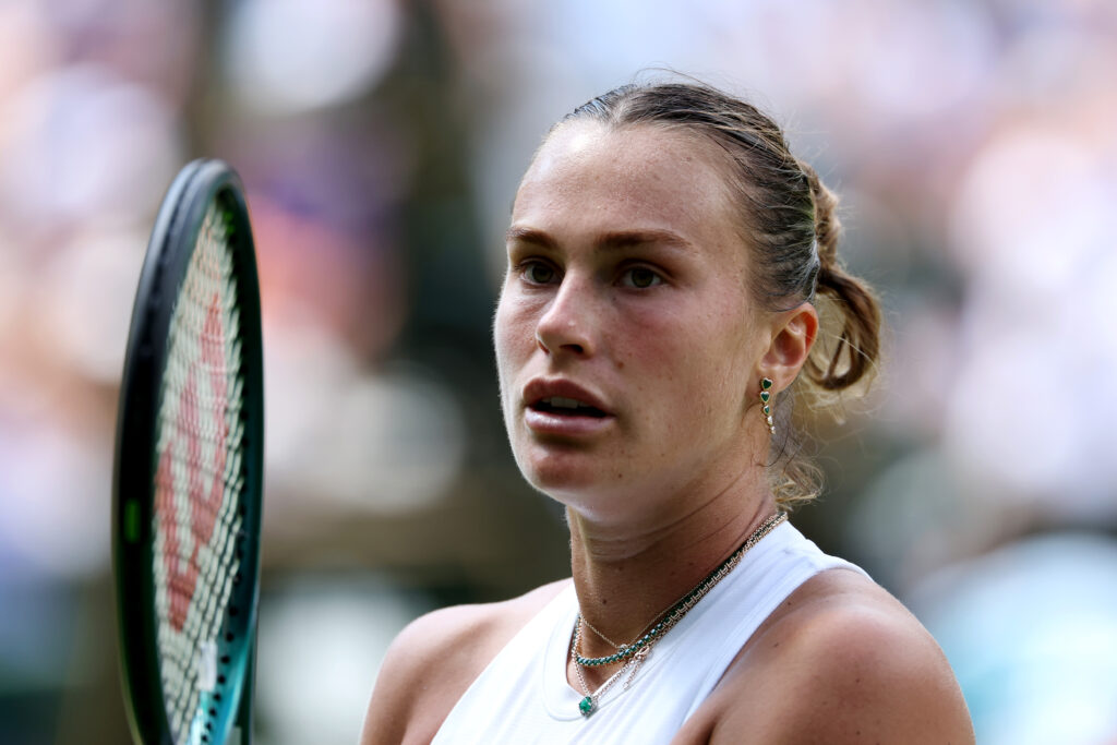 Aryna Sabalenka looks on against Amanda Anisimova of United States during the Ladies' Singles semi-final on day eleven of The Championships Wimbledon 2025 at All England Lawn Tennis and Croquet Club.
