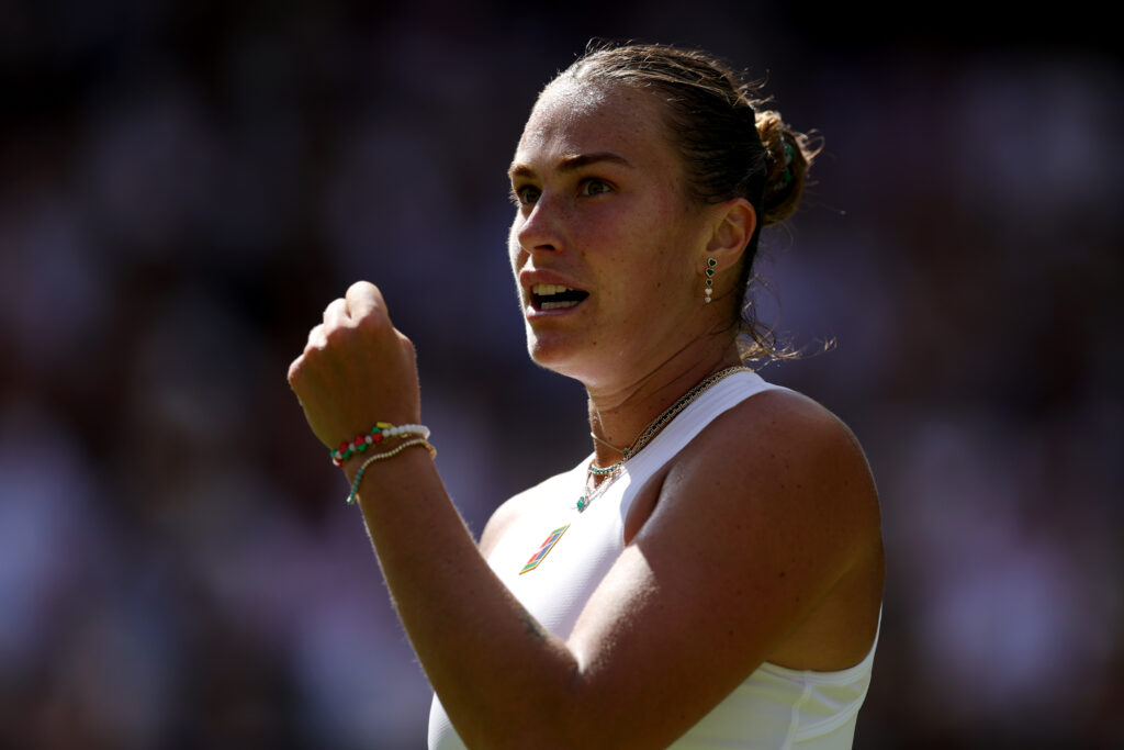 Aryna Sabalenka celebrates during her defeat to Amanda Anisimova at Wimbledon
