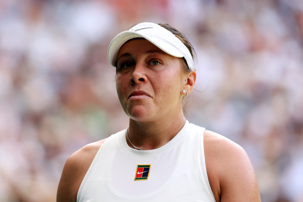 Amanda Anisimova of United States appears emotional during the Ladies' Singles Final against Iga Swiatek of Poland on day thirteen of The Championships Wimbledon 2025 at All England Lawn Tennis and Croquet Club.