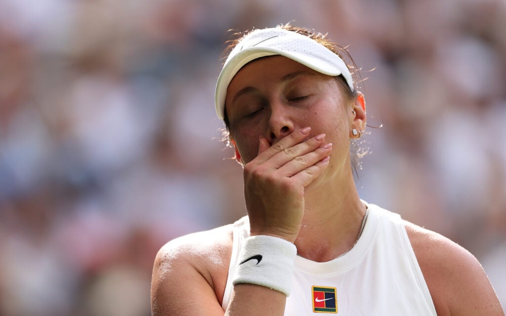 Amanda Anisimova reacts during her defeat to Iga Swiatek in the 2025 Wimbledon final