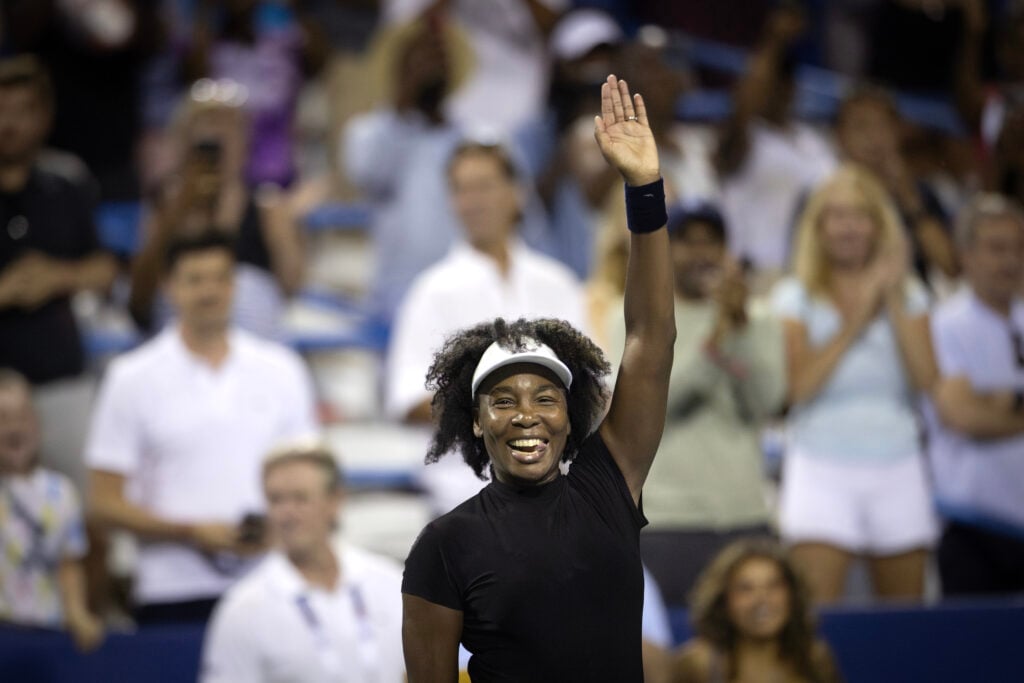 Venus Williams reacts after defeating opponent Peyton Sterns on day 2 of the Mubadala Citi DC Open at the Rock Creek Tennis Center.