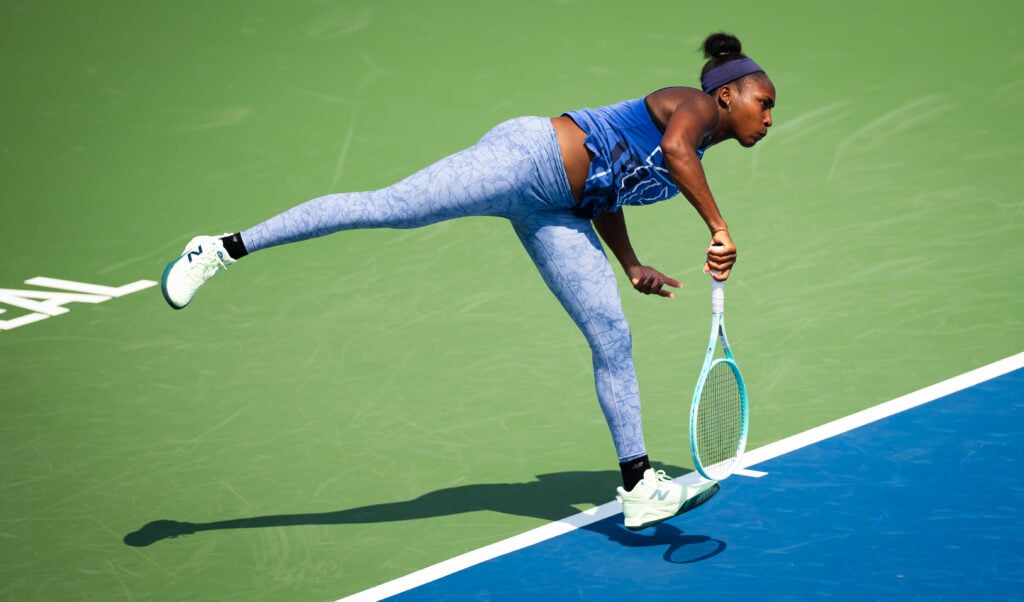 Coco Gauff serves in practice
