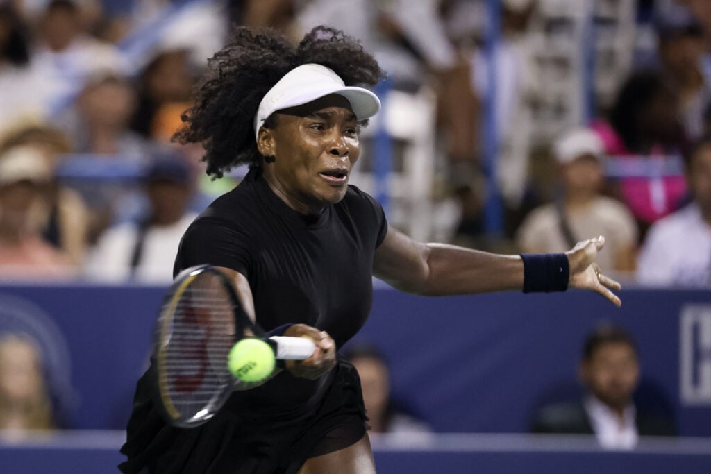 Venus Williams hits a forehand at the Mubadala Citi DC Open 2025 - Day 2