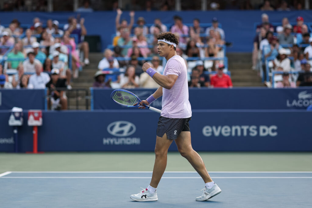Ben Shelton celebrates winning a point at the Mubadala Citi DC Open 2025 - Day 2