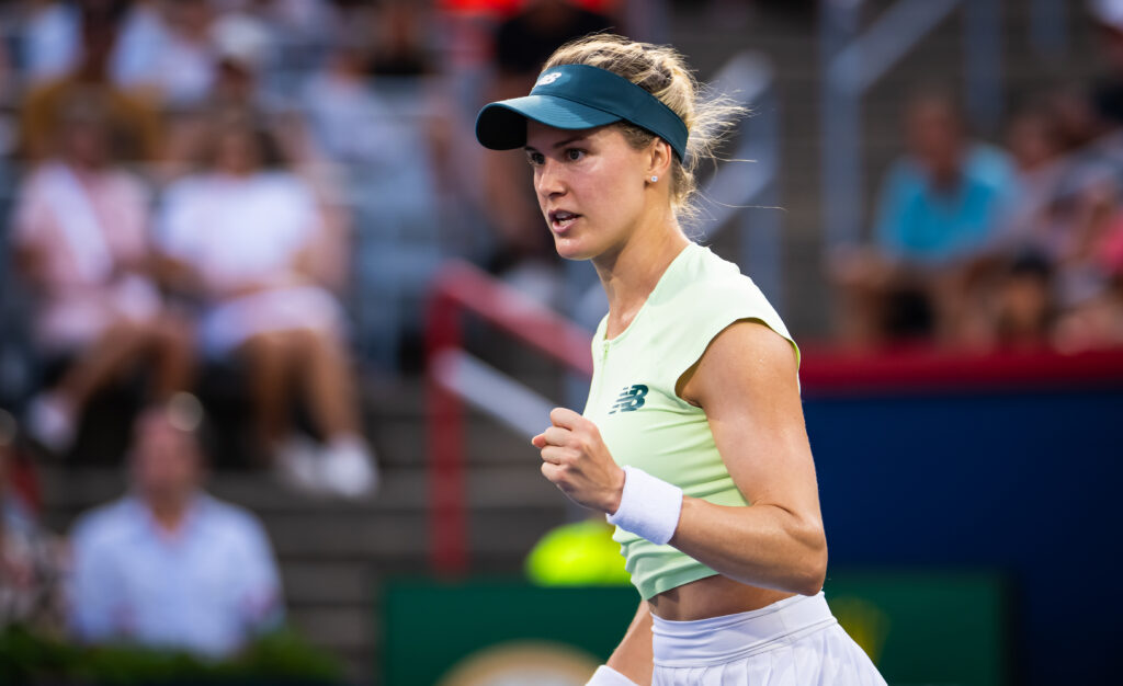 Eugenie Bouchard celebrates during her first-round win at the 2025 Canadian Open